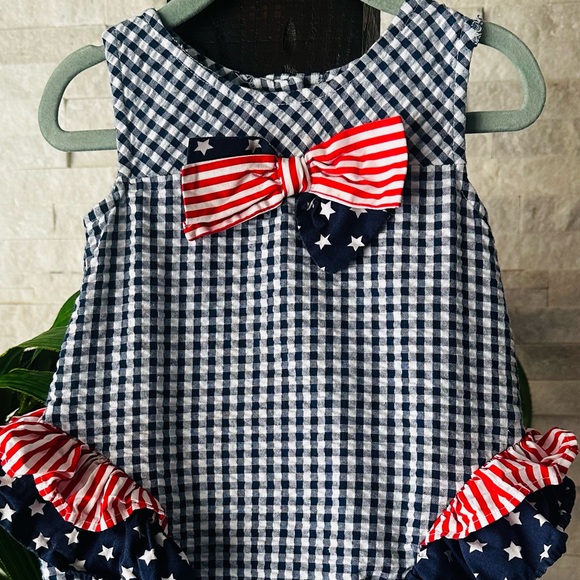 BONNIE JEAN Patriotic Navy Red “Frances Bubble” Seersucker Bubble Outfit - Picture 4 of 7